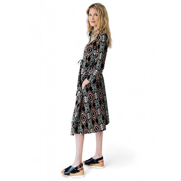 Never A Wallflower Kelli Midi Dress in Black IKAT Long Sleeve NEW NWT Small S - Picture 2 of 7